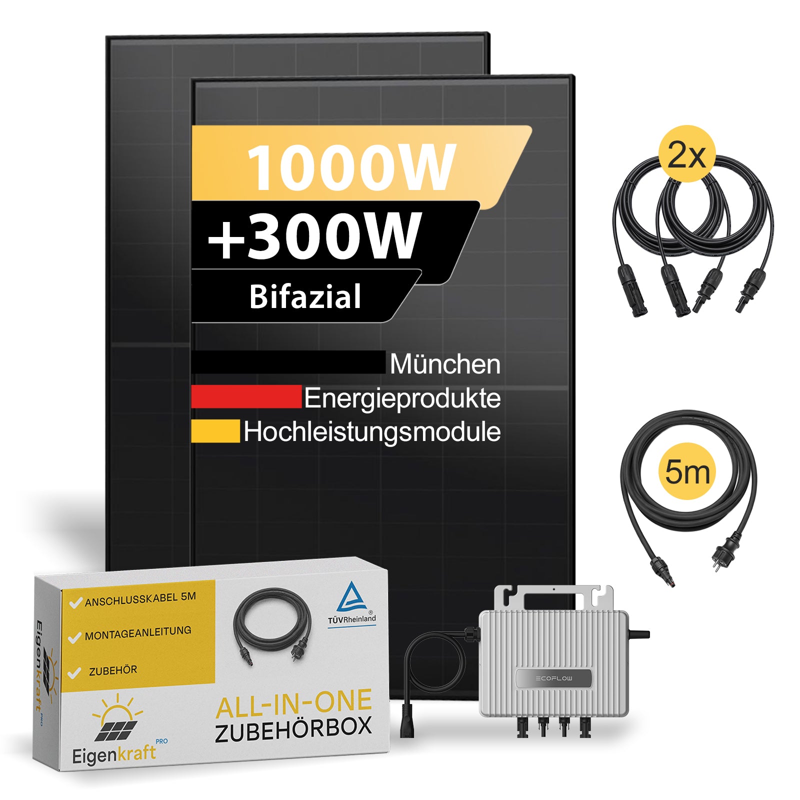 Balkonkraftwerk Komplettset mit 2 bifazialen 500-W-Solarmodulen, EcoFlow Wechselrichter, 5-m-Anschlusskabel und Zubehör