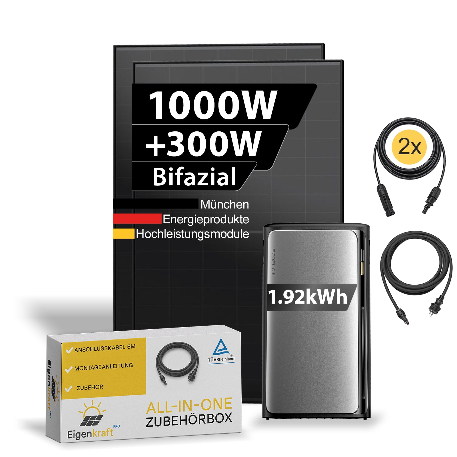 Balkonkraftwerk Komplettset mit 2 bifazialen Solarmodulen, 1,92 kWh Speicher, Anschlusskabeln und Zubehör ohne Smart Meter