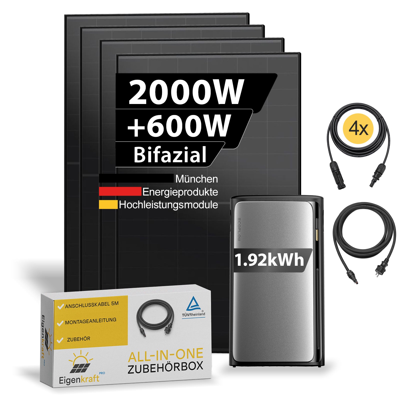 Balkonkraftwerk Komplettset mit 4 bifazialen Solarmodulen, EcoFlow Speicher mit 1,92 kWh, Anschlusskabeln und Zubehör ohne Smart Meter