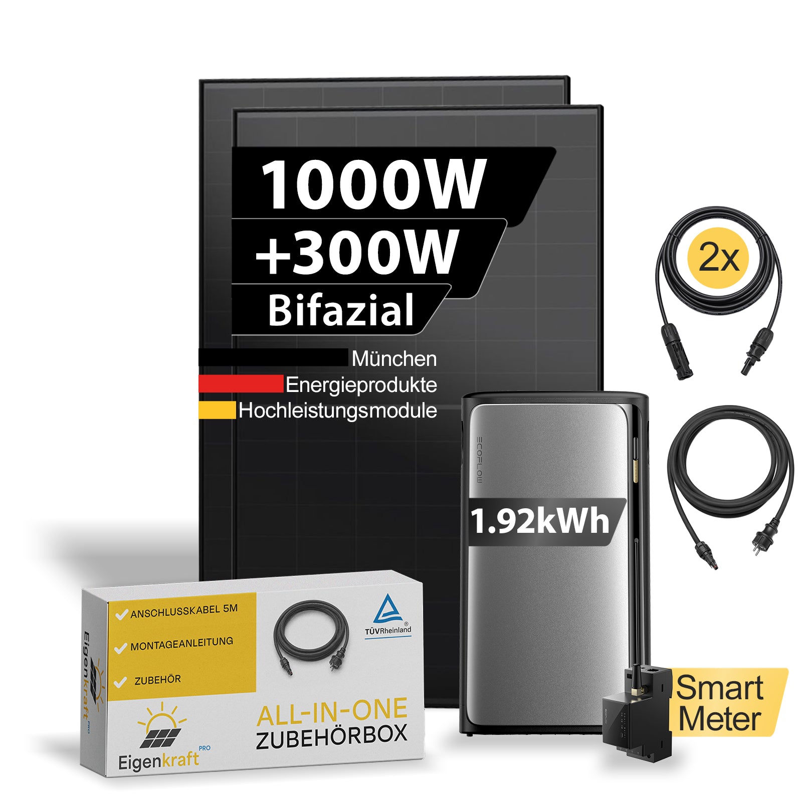 Balkonkraftwerk Komplettset mit 2 Solarmodulen, 1,92 kWh Speicher, Smart Meter und Zubehör