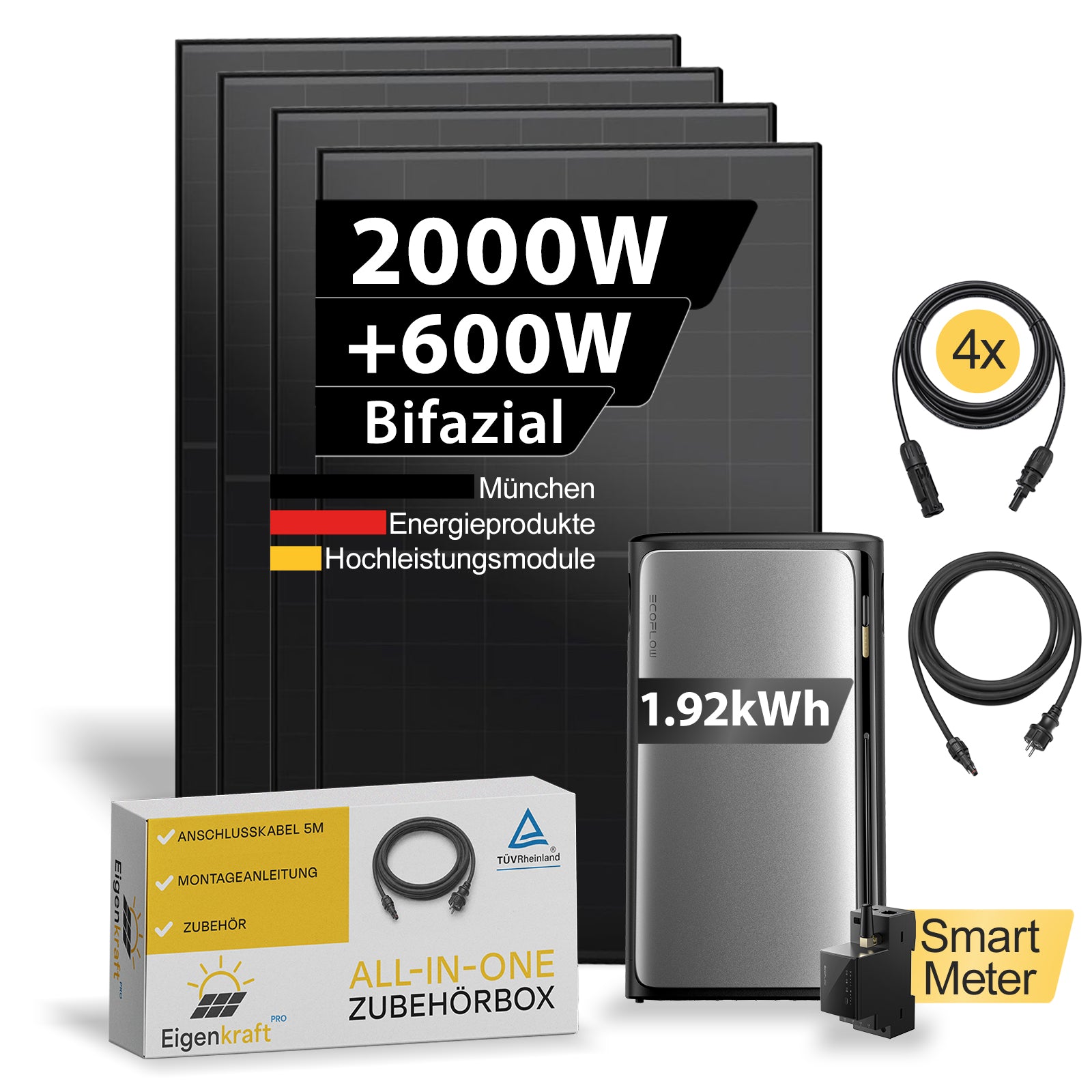 Balkonkraftwerk Komplettset mit 4 bifazialen Solarmodulen, EcoFlow Speicher mit 1,92 kWh, Smart Meter, Anschlusskabeln und Zubehör