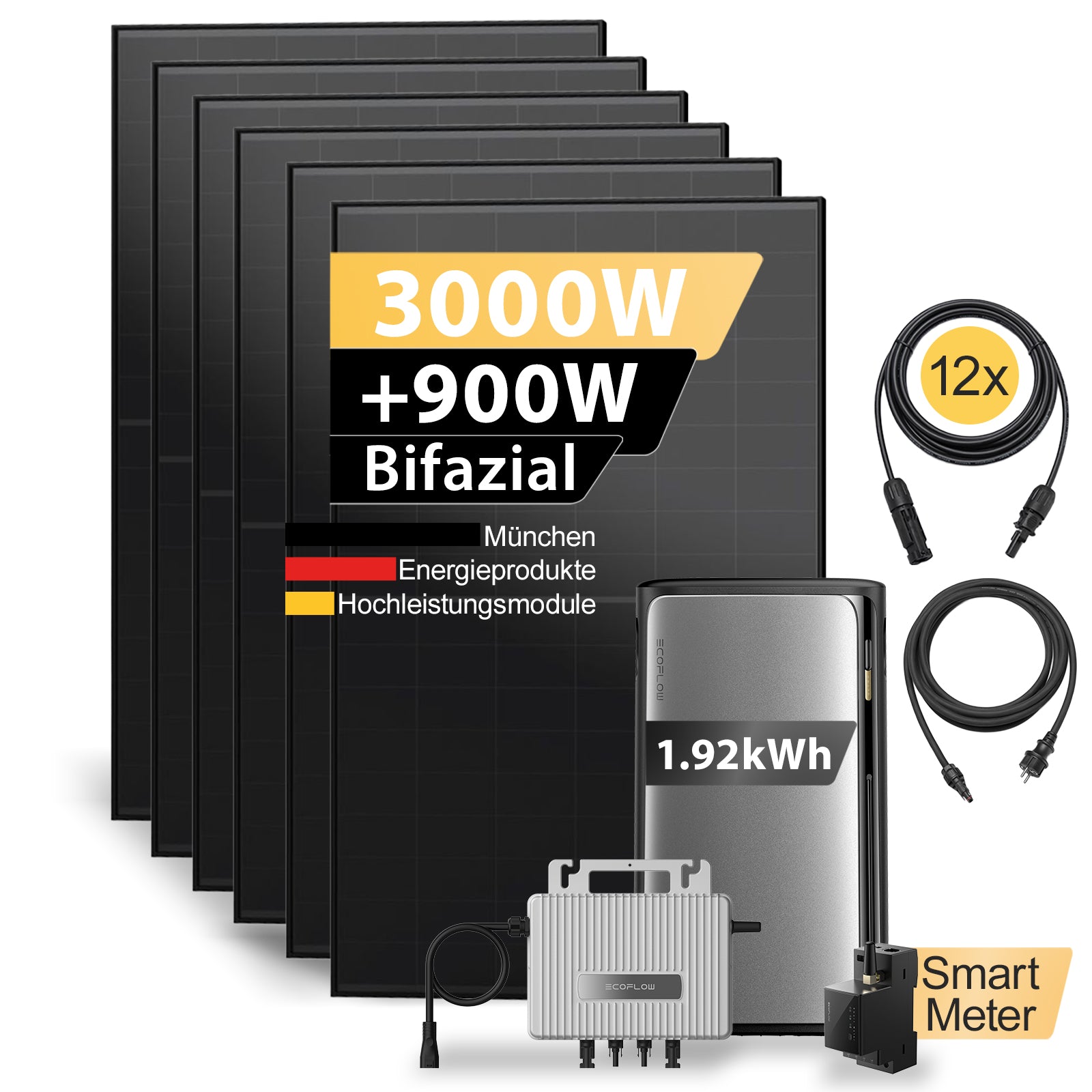 Balkonkraftwerk-Komplettset mit 6 bifazialen Solarmodulen, EcoFlow Speicher mit 1,92 kWh, Wechselrichter, Smart Meter und Anschlusskabeln