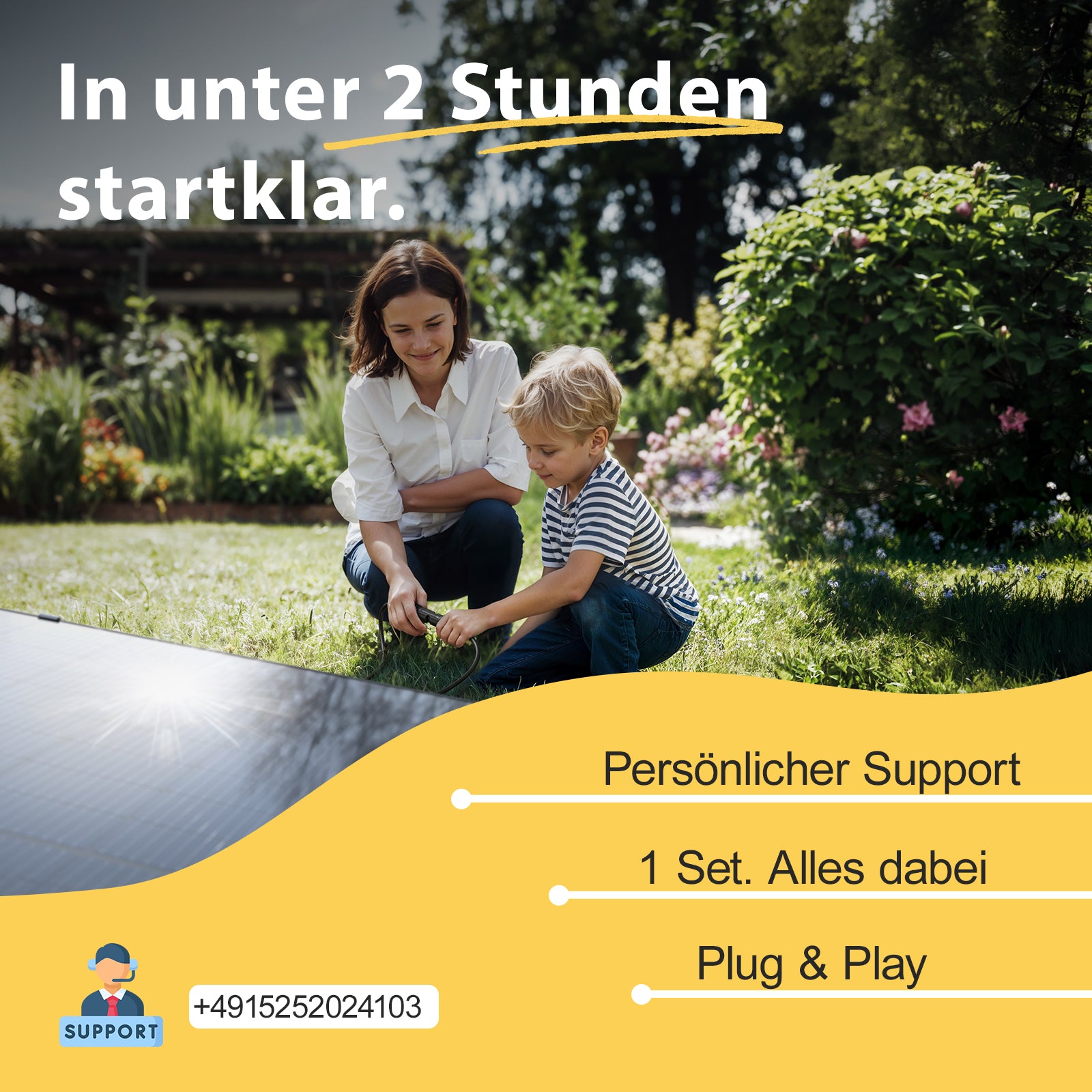 Plug-and-Play-Balkonkraftwerk mit schneller Montage in unter 2 Stunden, Komplettset und persönlichem Support
