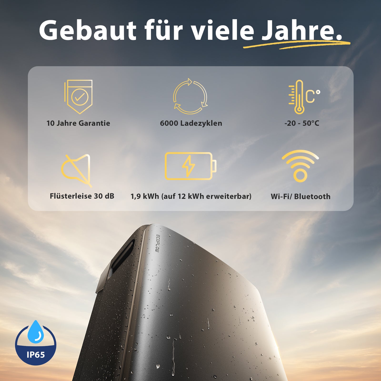 Balkonkraftwerk-Speicher mit 1,9 kWh Kapazität, 6000 Ladezyklen, IP65, Wi-Fi, Bluetooth und 10 Jahren Garantie